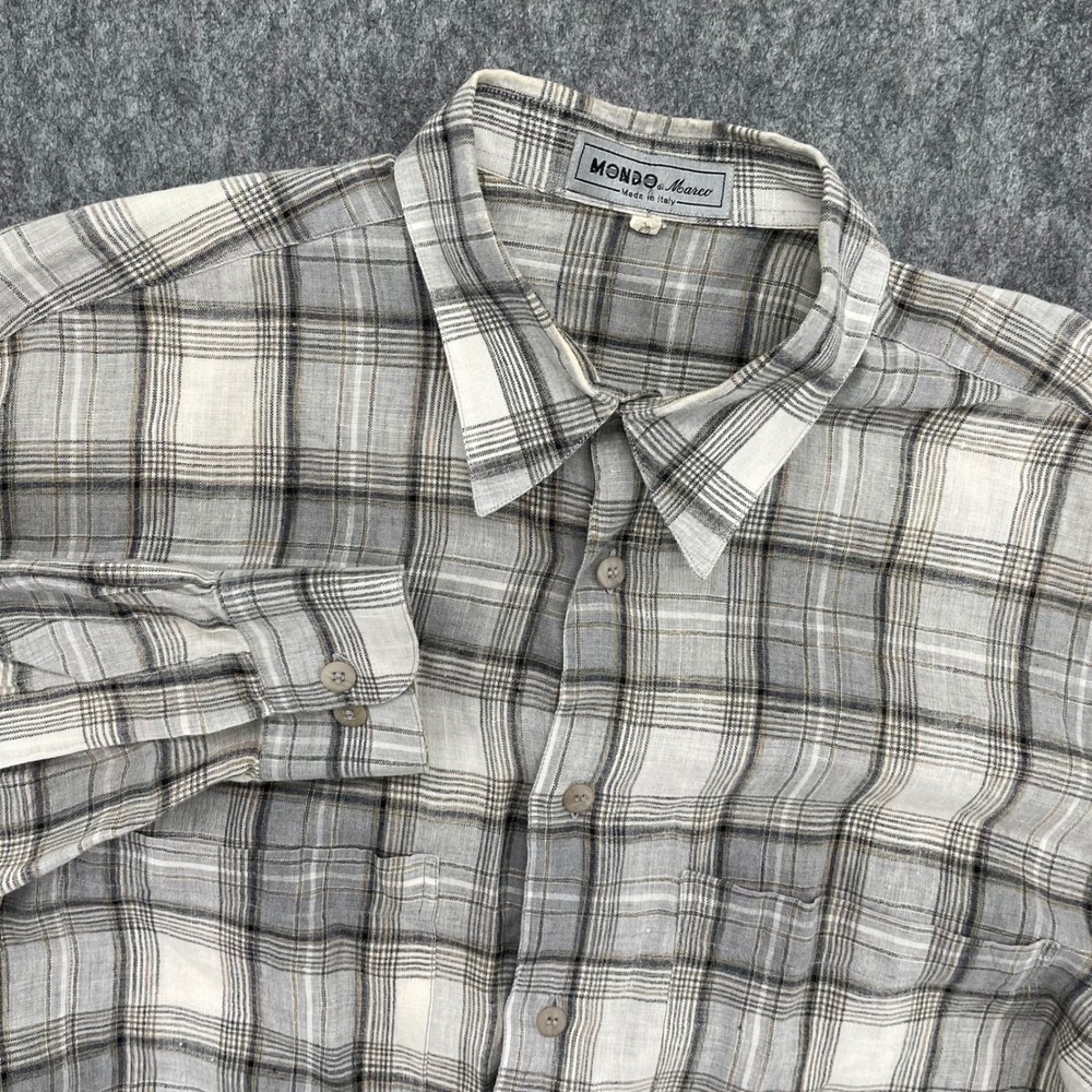 Mondo di Marco Shirt Mens Large Plaid Button Down Grey Tan Made in Italy